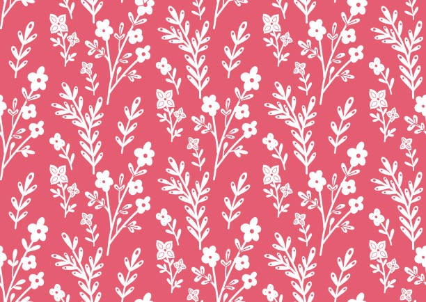 istock Seamless monochrome pattern with white contour of flowers and branches on pink background. Silhouettes of stems with flowers and foliage. Vector delicate floral texture 1344203333
