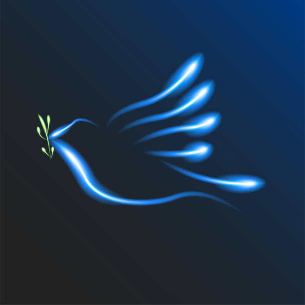 istock Glowing Peace dove on blue background. Neon bird. International Peace Day. Anti-war movement, pacifism. Vector illustration. EPS10. 1344203854