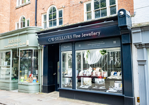 CW Sellors Fine Jewellery Store on Law Pavement in Chesterfield, England, with other stores visible in the background