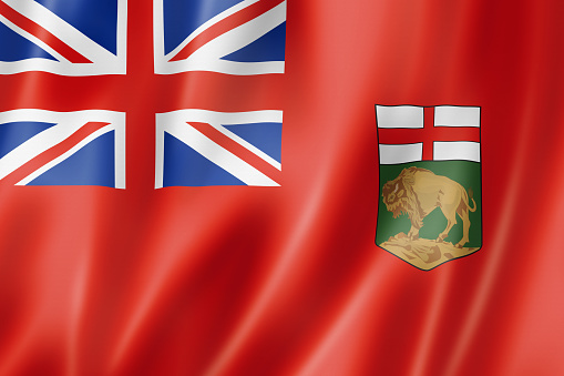 Manitoba province flag, Canada waving banner collection. 3D illustration