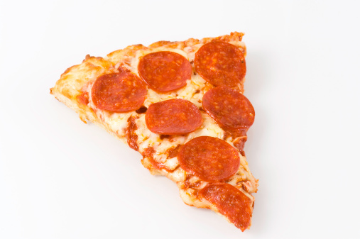 Pizza Slice.  Greasy unhealthy cheese and pepperoni pizza with spicy tomato sauce and gobs of Mozzarella Cheese.  ProPhoto RGB.