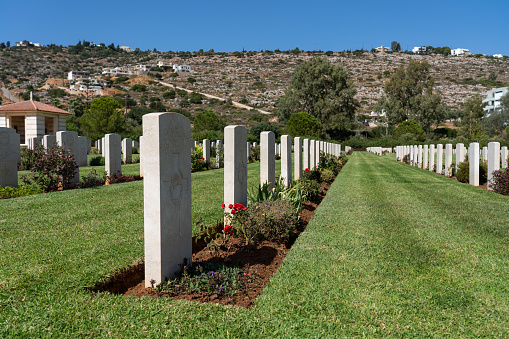 Crete, Greece - September 20, 2021: Souda Bay War Cemetery, administered by the Commonwealth War Graves Commission