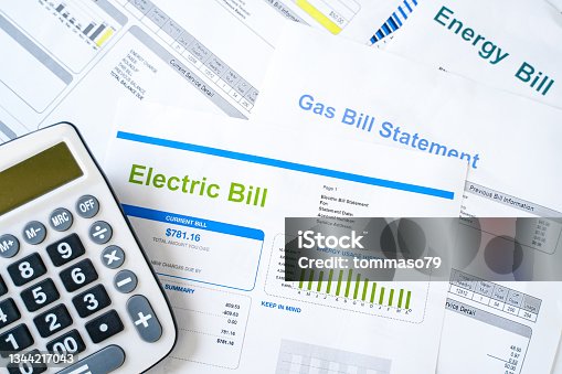 istock Electric bill statement and home energy consumption 1344217043