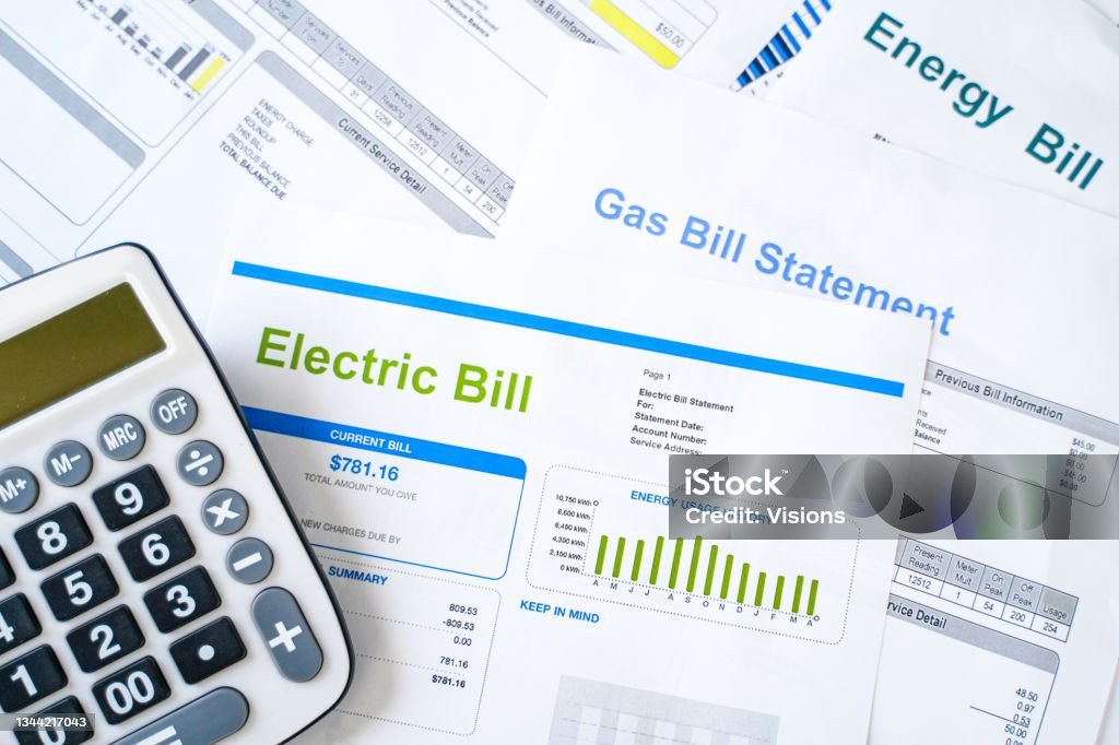 Electric bill statement and home energy consumption Home electricity expenses and bill statement document Financial Bill Stock Photo