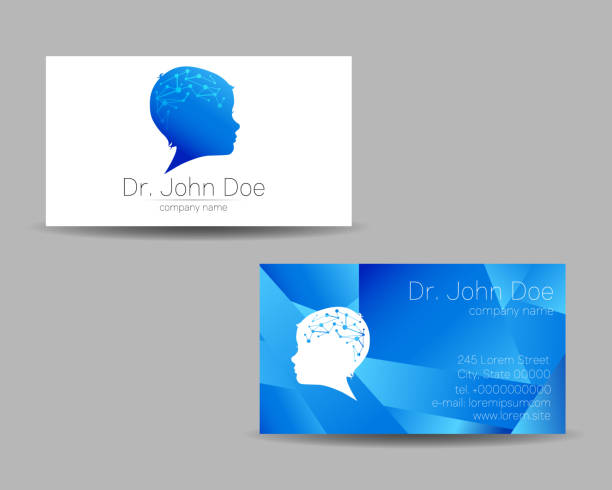 stockillustraties, clipart, cartoons en iconen met vector visit card human head modern logo creative style. kid child profile silhouette design concept. brand company. blue color isolated on gray background symbol for web, print. vvsiting personal set - neurology child