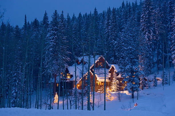 istock Glowing Luxury Log Cabin Home in Winter with Fresh Snow 134421768