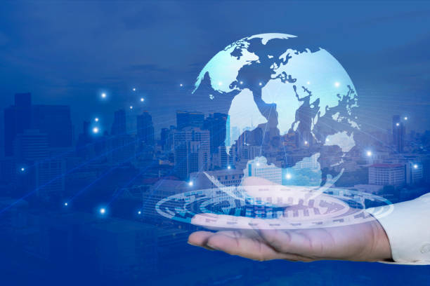 istock Businessman holding in hand with global connection concept. 1344217699