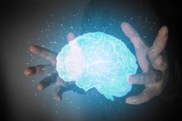 istock Businessman hands holding abstract polygonal brain on dark background. 1344218066