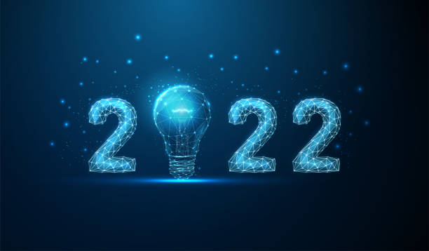 Abstract Happy 2022 New Year greeting card with light bulb Abstract Happy 2022 New Year greeting card with light bulb. Low poly style design. Abstract geometric background. Wireframe light structure. Modern 3d graphic concept. Isolated vector illustration copyright symbol 3d stock illustrations