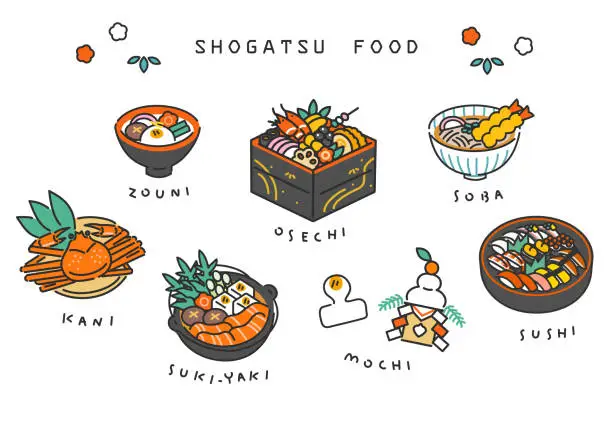 Vector illustration of Traditional new years foods in Japan.