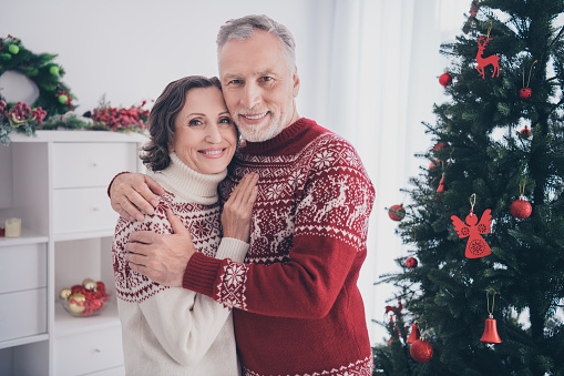 Photo of sweet couple old lady man hug wear sweater at home