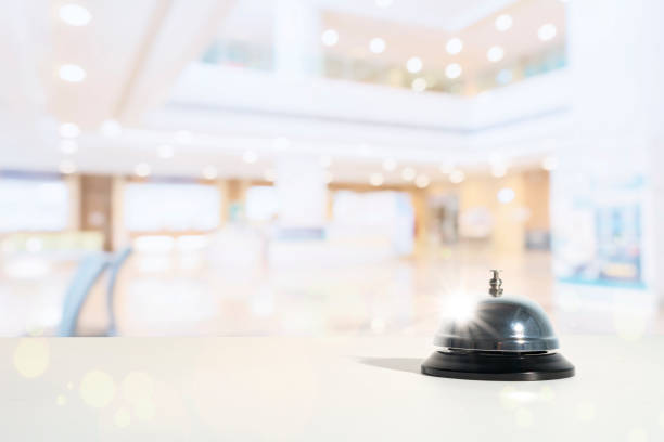 istock Accommodation, alarm, alert. Hotel service bell on a table 1344219858
