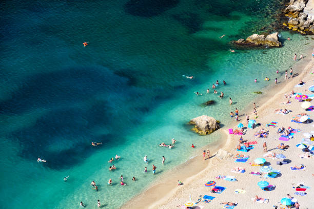 Aerial view of beautiful beach at the Villefranche-sur-Mer on the French Riviera