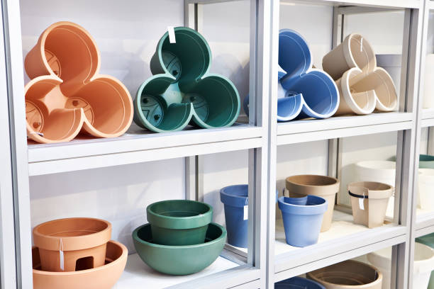 Plastic pots and planters for home plants in store