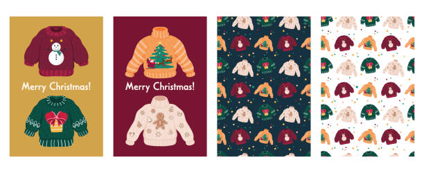 ilustraciones, imágenes clip art, dibujos animados e iconos de stock de gran y lindo conjunto navideño con feas tarjetas y patrones de suéteres. - ugliness sweater kitsch holiday