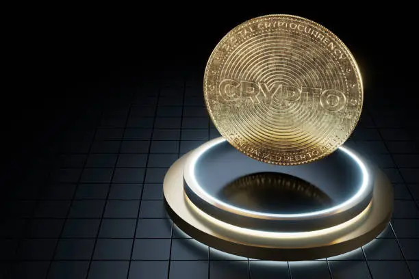 3D rendered image of blockchain technology (digital cryptocurrency) token /coin levitating on shiny gold and black pedestal, black tiled floor and black background with copy space.  Concept of blockchain, decentralized financial system. High angle view. 3D rendered image.