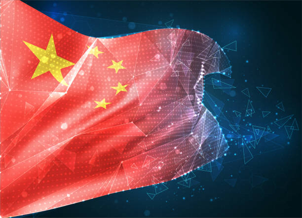 vector flag, virtual abstract 3D object from triangular polygons on a blue background China, vector flag, virtual abstract 3D object from triangular polygons on a blue background china digital flag stock illustrations