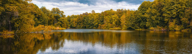 istock Autumn background forest lake banner panoramic 1344227271