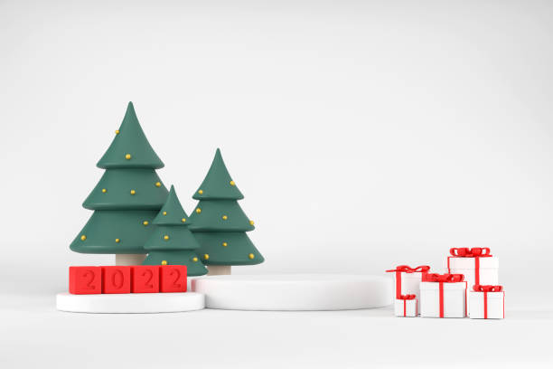 istock White podium for displaying products for 2020 and Christmas trees. with gift box 1344228490