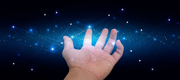 Hand giving, asking, showing or holding something in dark blue. Abstract vector human arm, palm wireframe. Hand gesture concept. Low poly mesh art with dots, lines, triangles and stars
