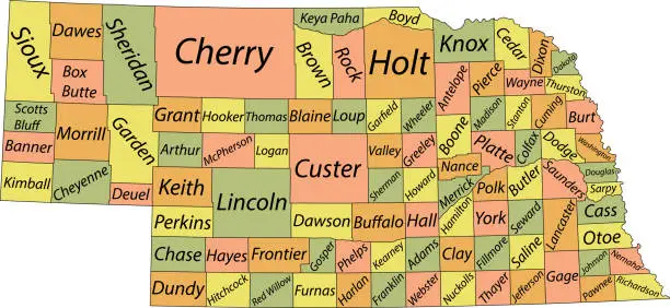 Vector illustration of Pastel counties map of Nebraska, USA