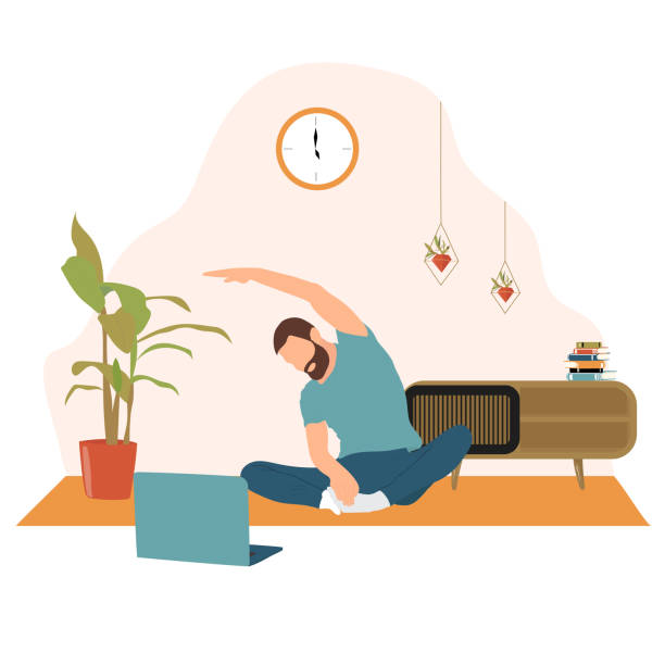 illustrazioni stock, clip art, cartoni animati e icone di tendenza di uomo che fa yoga a casa - yoga