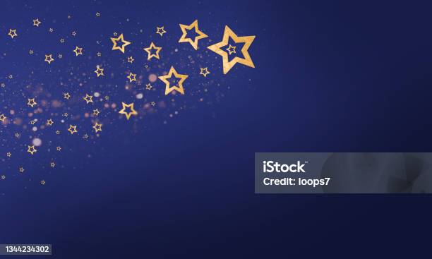 Golden Stars On Gradient Blue Background Stock Photo - Download Image Now - Star Shape, Star - Space, Blue Background