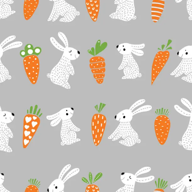 Vector illustration of Cute rabbits and carrots in the Scandinavian forest.