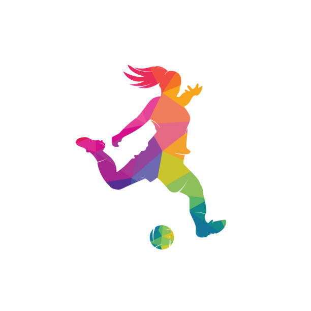 illustrations, cliparts, dessins animés et icônes de conception vectorielle de club de football féminin. icône du logo du ballon de football girl kicking. - human age symbol child icon set