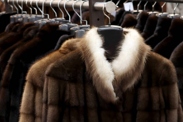 istock Fur coats in a row on a hanger in the store 1344235359