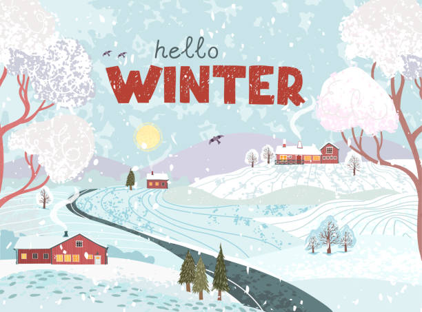kartka z życzeniami z zimowym krajobrazem - hello winter - park terenowy stock illustrations