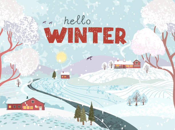 Greeting Card with Winter Landscape - Hello Winter Vector greeting card with colorful illustration of nature winter landscape with a house in the Scandinavian style. Use it as poster, postcard, brochure, card, banner, graphic design field non urban scene sky landscape stock illustrations