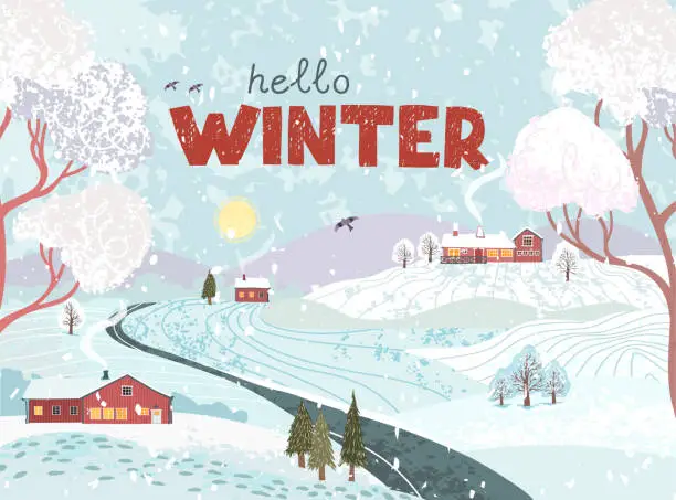 Vector illustration of Greeting Card with Winter Landscape - Hello Winter