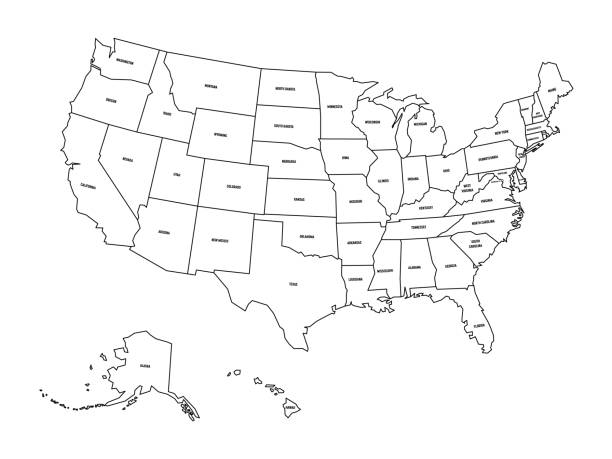 ilustrações, clipart, desenhos animados e ícones de mapa político dos estados unidos od américa, eua. mapa vetorial de contorno preto simples com etiquetas de nome de estado preto em fundo branco - north dakota