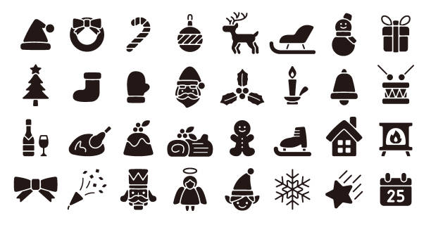 illustrazioni stock, clip art, cartoni animati e icone di tendenza di set di icone di natale (versione flat silhouette) - fireplace christmas candle holiday