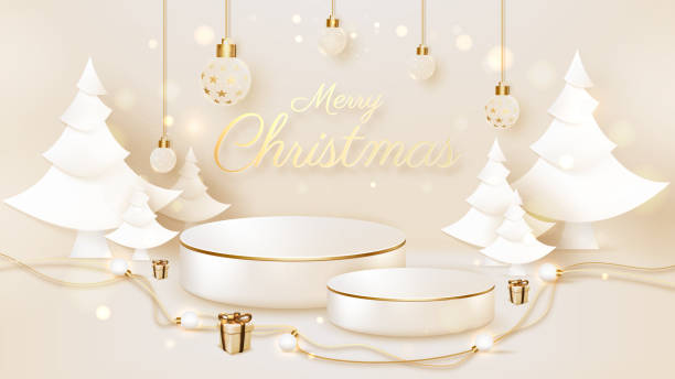 istock Product podium with white christmas tree with lamp, gift box, ball and blurred and bokeh element, Luxury celebration background design, 3d realistic banner scene, Vector illustration. 1344242303