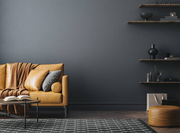 istock Black living room interior with leather sofa, minimalist industrial style 1344243383