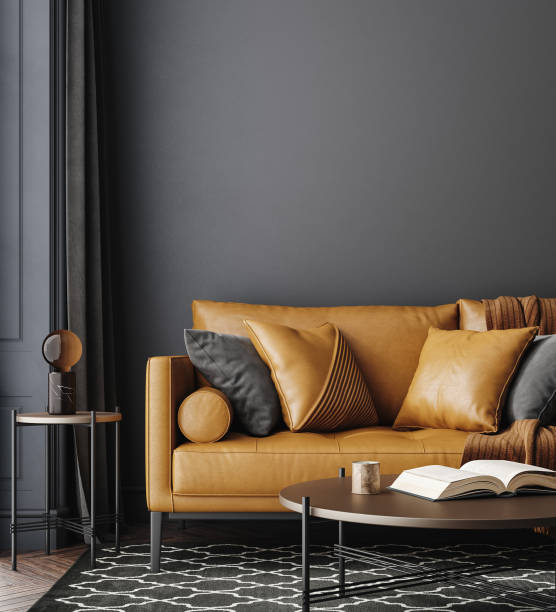 istock Black living room interior with leather sofa, minimalist industrial style 1344243394