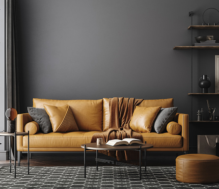 Interior de sala de estar negro con sofá de cuero, estilo industrial minimalista photo