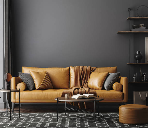 interno soggiorno nero con divano in pelle, stile industriale minimalista - divano foto e immagini stock