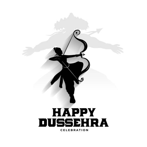 happy dussehra card with lord rama and raavan silhouette happy dussehra card with lord rama and raavan silhouette dussehra stock illustrations