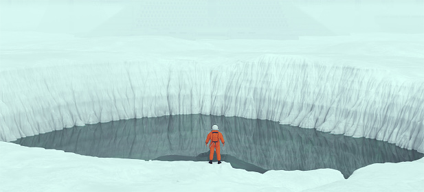 Orange Astronaut Standing on the Edge of a Large Crater on a Frozen Glacier with a Lake Sci Fi Extra-terrestrial Environment Cosmonaut Moonscape 3d illustration render