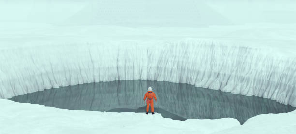 orange astronaut standing on the edge of a large crater on a frozen glacier with a lake sci fi extra-terrestrial environment cosmonaut moonscape - spacewoman imagens e fotografias de stock