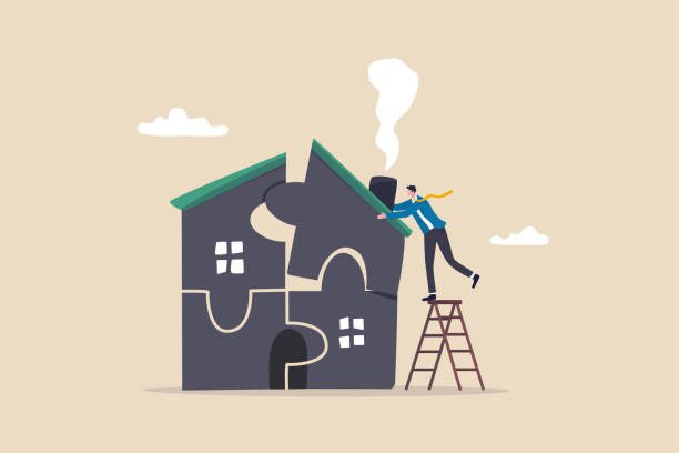 berencana untuk membeli rumah baru atau renovasi, pinjaman hipotek atau biaya perumahan, pemeliharaan properti atau konsep asuransi real estat, pengusaha cerdas menempatkan jigsaw untuk menyelesaikan atau menyelesaikan teka-teki rumah. - membangun kembali ilustrasi stok
