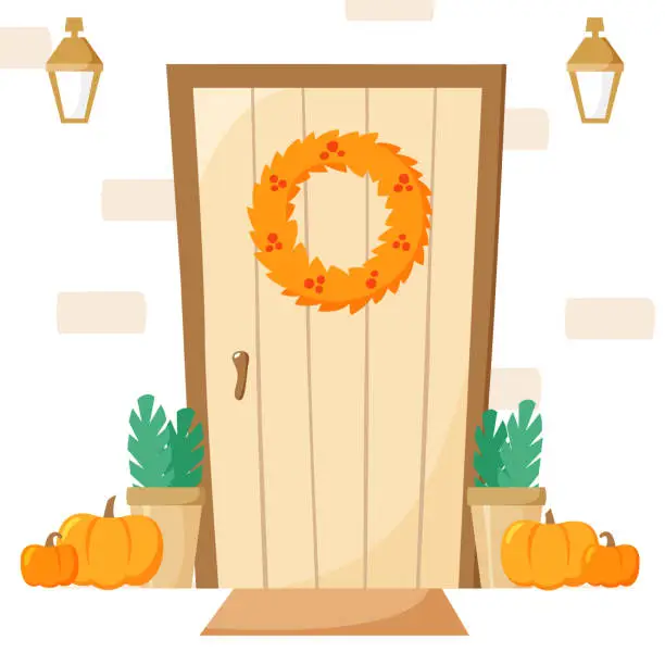Vector illustration of Front door with autumn decoration, entrance with wreath and pumpkins, lanterns and plants in pots, fall vector illustration, flat style