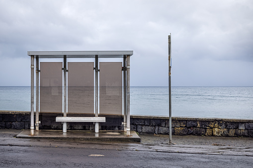 Bus shed close to the ocean in Ponta Delgada the main city on the Portuguese Azorean Island San Miguel in the center of the North Atlantic Ocean