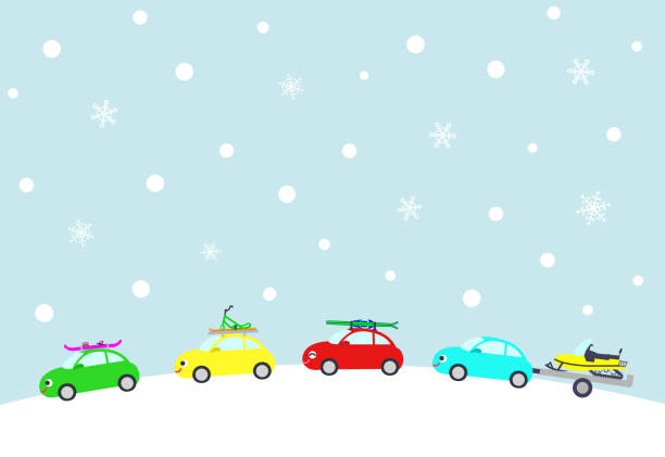 Illustration of cars going to the snowy mountains in winter. Vector illustration. Snowmobiling stock illustrations