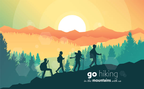 Travel concept of discovering, exploring, observing nature. Hiking tourism. Adventure. A team of friends climbs the mountains. Teamwork. Vector polygonal landscape illustration. Minimalist flat design Travel concept of discovering, exploring, observing nature. Hiking tourism. Adventure. A team of friends climbs the mountains. Teamwork. Vector polygonal landscape illustration. Minimalist flat design mountain climbing stock illustrations
