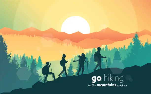 Vector illustration of Travel concept of discovering, exploring, observing nature. Hiking tourism. Adventure. A team of friends climbs the mountains. Teamwork. Vector polygonal landscape illustration. Minimalist flat design