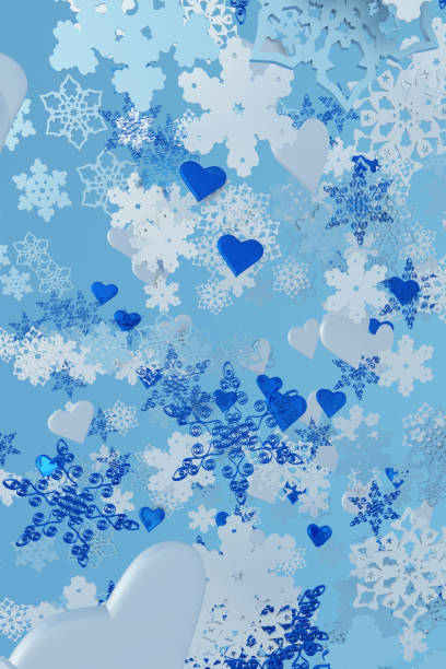istock Abstract classic blue color trend 2022 concept with festive elements. 3D Christmas flying snowflakes and ice hearts. 1344253405